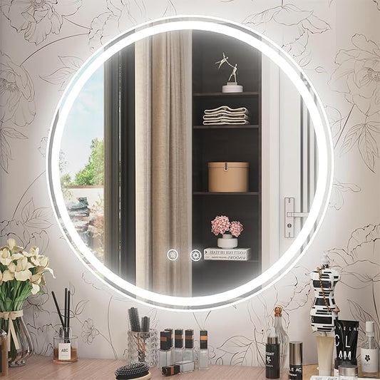24 Inch Round LED Bathroom Mirror,Front & Backlit Lighted Bathroom Vanity Mirror, 6000K, CRI 90+, Dimmable, Touch, Anti-Fog