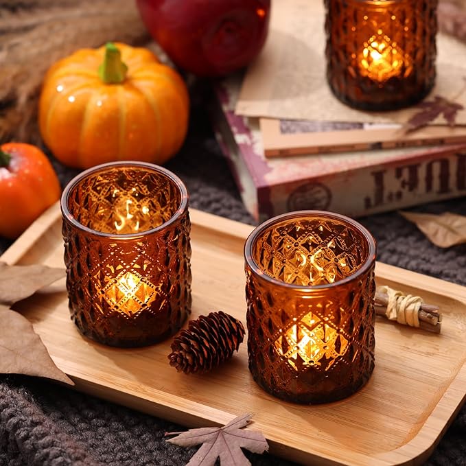 12Pcs Large Votive Candle Holders 2.8 * 3.2in Amber Tea Light Candle Holders Glass Candle Holder for Wedding Table Centerpiece, Home Decor, Birdal Shower, Party, Fall Decor