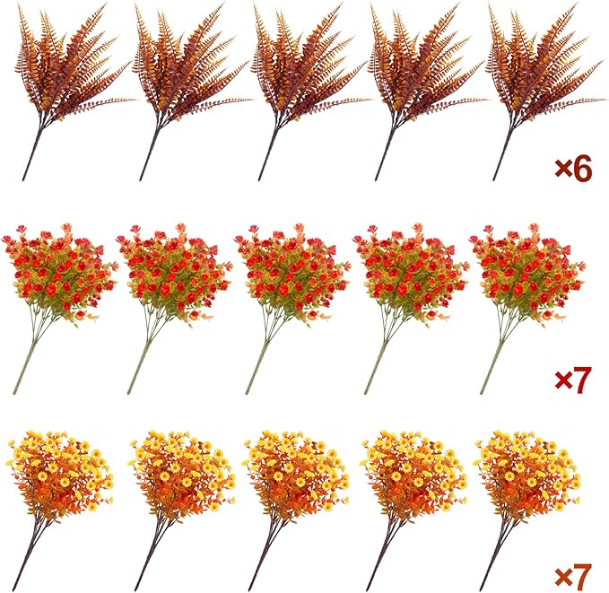 20 Bundles Artificial Fall Flowers for Outdoors Fall Thanksgiving Decorations - UV Resistant Fake Mums Faux Fall Plants Plastic Flowers for Gardens Porch Fireplace Patio Home Indoor Autumn Fall Decor