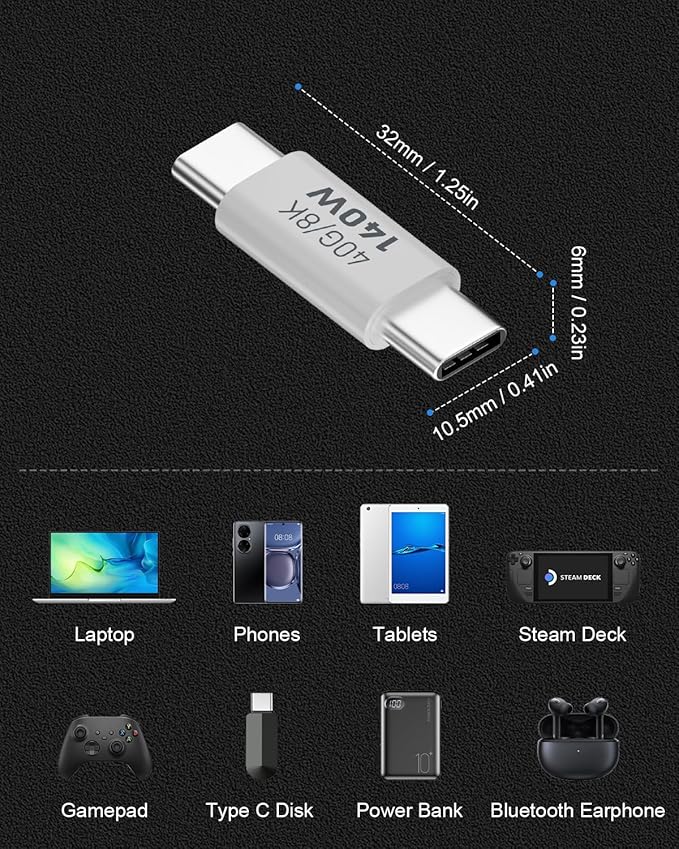 Danfetsoy USB C Male to Male Adapter, 40Gbps USB C Adapter, Type C Coupler Extender Support 140W, 40Gbps, 8K@60Hz, for Laptop, Phones and More Type C Devices (4 Pack)