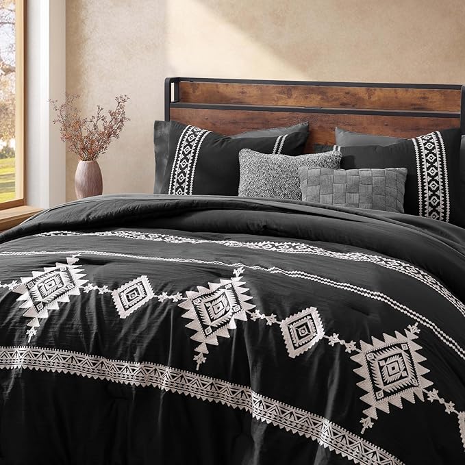 MaiRêve Oversized Queen Comforter Set Charcoal Black, Embroidery Western Bedding Set Boho 7 Pieces, Farmhouse All-Season Bed in A Bag with Sheets, Pillowcases & Shams