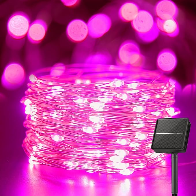 Minetom Solar String Lights for Outside, 33Ft 100 LED Outdoor Solar Fairy Lights, 8 Modes Balcony Lights for Tree Patio Christmas Party Wedding Decor (Pink)