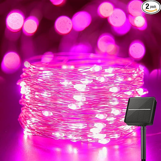 Minetom Solar String Lights for Outside, 2 Packs Total 66Ft 200 LED Outdoor Solar Fairy Lights, 8 Modes Balcony Lights for Tree Patio Christmas Party Wedding Decor (Pink)