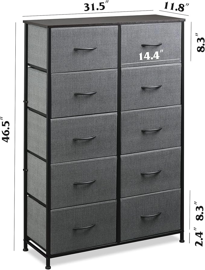 WLIVE Grey Dresser for Bedroom with 10 Fabric Drawers, Tall Organizer Units for Living Room, Clothing, Closet, Storage Tower with Cabinet, Metal Frame, Wooden Top, Furniture