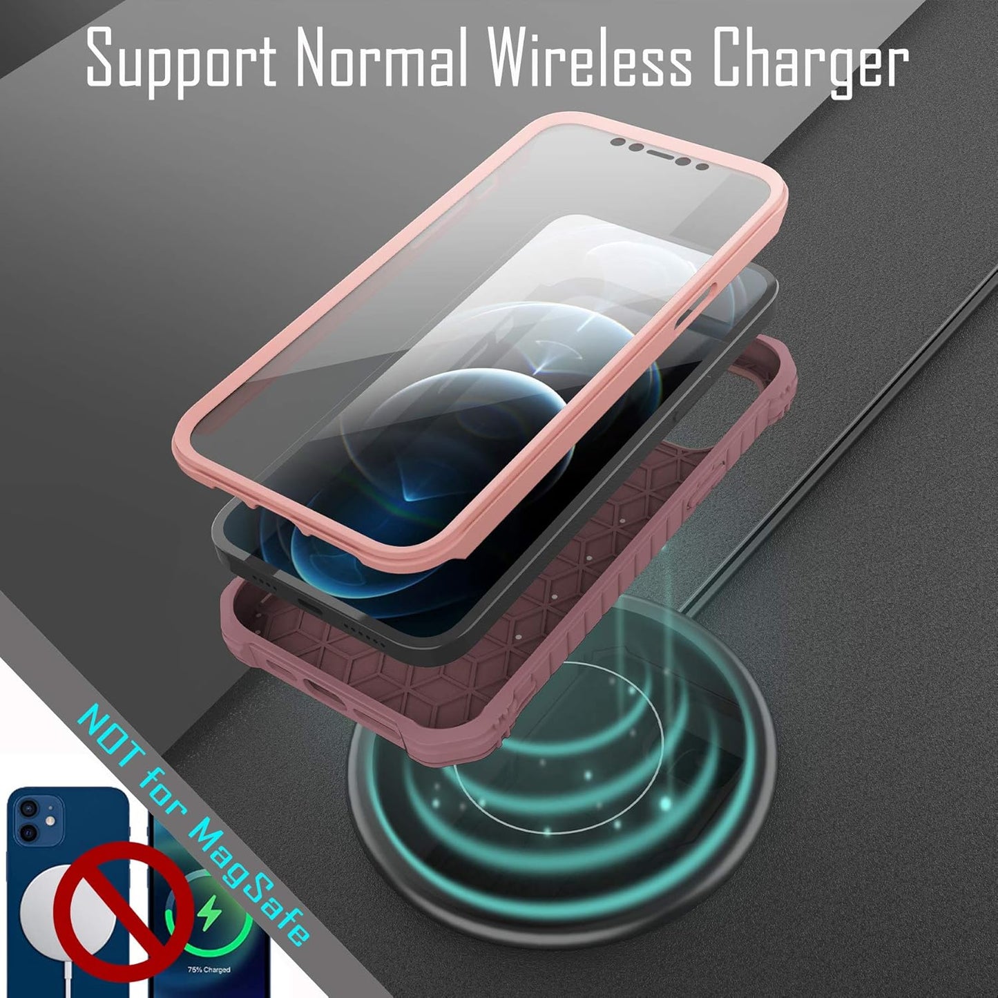 ExoGuard Pink iPhone 12 Case, Compatible with iPhone 12 Pro, Rubber Shockproof Full-Body Cover with Kickstand