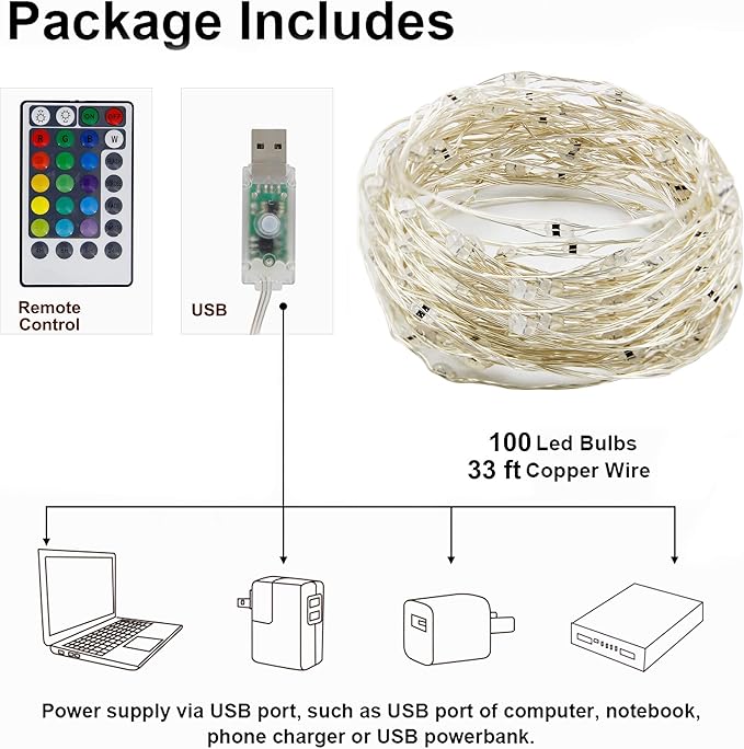 Twinkle Star Color-Changing Fairy Lights, 33Ft 100 LED Waterproof Mini String Lights Twinkle Lights, 16 Colors USB Silver Wire Lights with Adapter for Bedroom Room Garden Party Wedding Christmas Decor
