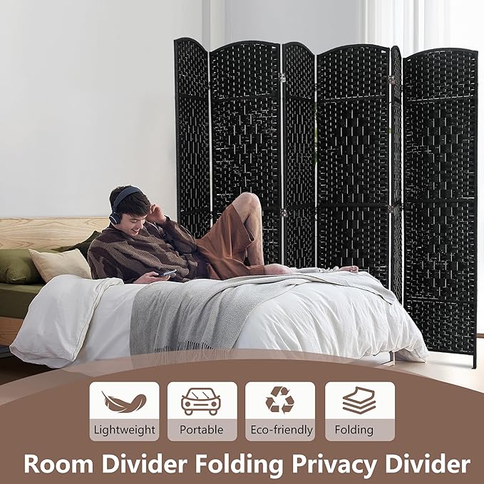 Room Divider 6 Panel Folding Privacy Divider 6 Ft Indoor Wall Divider Portable Partition Wood Screen, Black