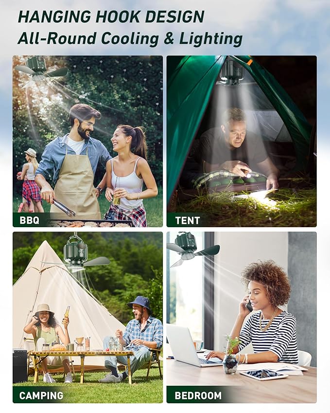 DUKUSEEK Tent Ceiling Fans for Camping Hanging, Portable Tent Fans with Light and Remote Control, Power Bank, USB Battery Operated Camping Fan with Hanging Hook for Outdoor, Car, RV