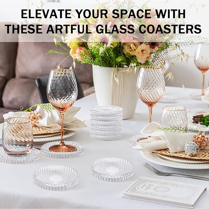 Glass Candle Holders, GOH DODD Set of 8 Crystal Pillar Plates Modern Coasters for Drinks, Centerpiece, Home Decor, Kitchen, Living Room, Patio, Wedding, Halloween, Christmas, Party, Clear