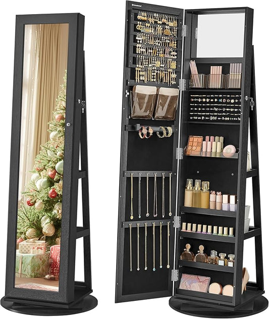 SONGMICS 360° Swivel Jewelry Cabinet, Lockable Jewelry Organizer with Full-Length Mirror, Rear Storage Shelves, Interior Mirror, Jewelry Armoire, Christmas Gifts for Women, Gift Idea, Black UJJC006B01
