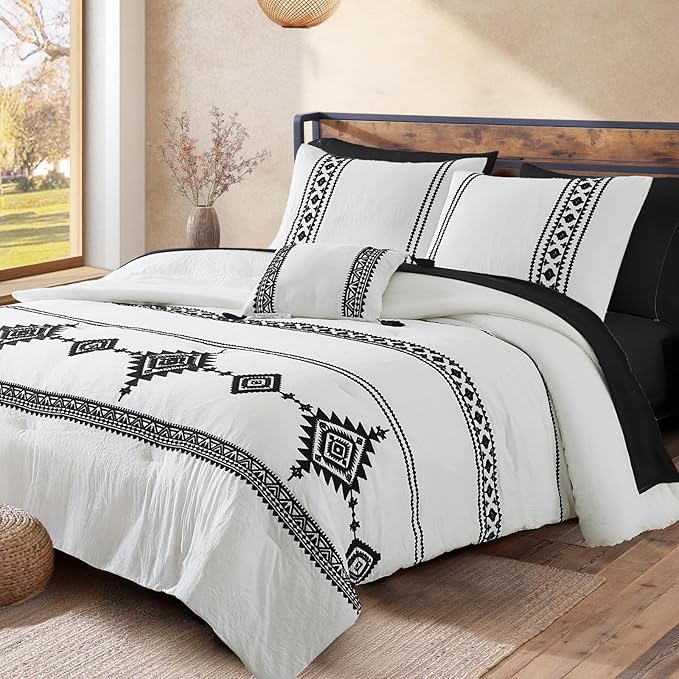 MaiRêve Embroidery Boho Comforter Sets Full Size - 7 Piece, Farmhouse Western White Black Comforter Set, All Season Bed in A Bag Full Size with Sheets, Pillowcases & Shams