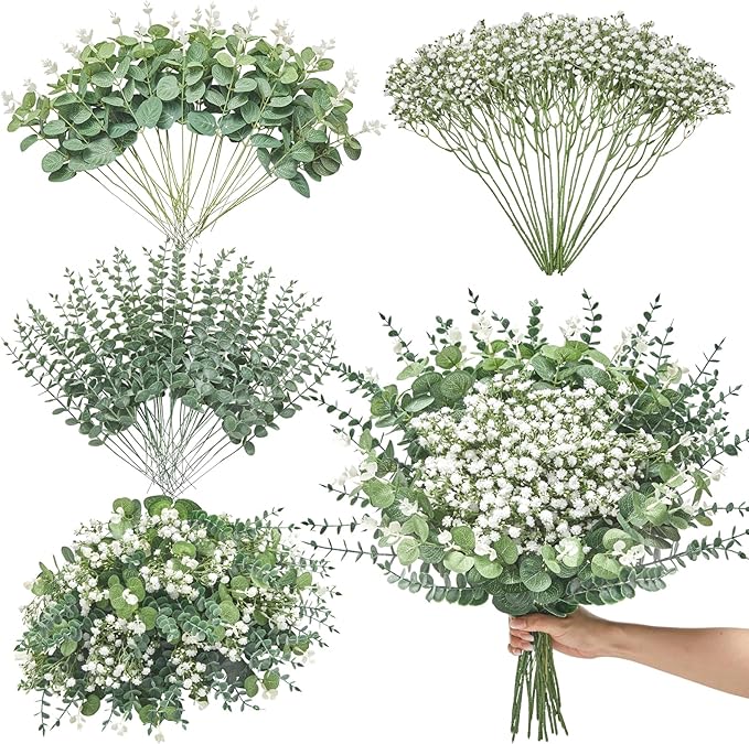 Serwalin 100 Pcs Mixed Artificial Eucalyptus Stems,Babys Breath Artificial Flowers Bulk with Faux Eucalyptus Leaves Greenery Stems for Wedding DIY Bouquets Floral Arrangement Home Decor