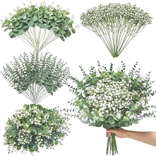 Serwalin 100 Pcs Mixed Artificial Eucalyptus Stems,Babys Breath Artificial Flowers Bulk with Faux Eucalyptus Leaves Greenery Stems for Wedding DIY Bouquets Floral Arrangement Home Decor
