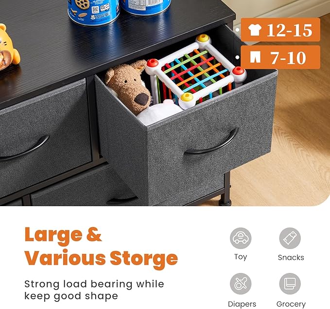 Sweetcrispy Dresser for Bedroom with 5 Storage Drawers, Fabric Storage Tower Organizer, Chest of Drawers with Metal Frame Wooden Top for Closet, Living Room, Entryway, Grey