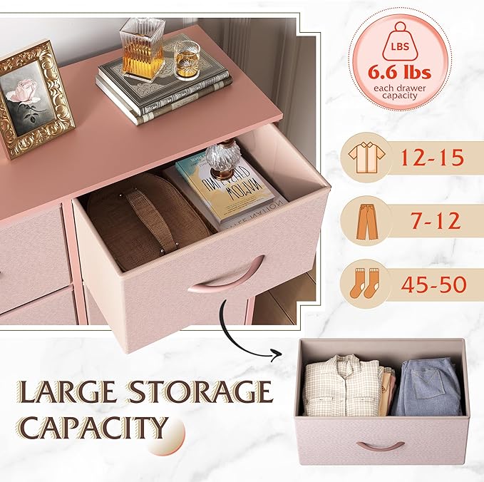 WLIVE Fabric Dresser for Bedroom, Tall Dresser with 8 Drawers, Storage Tower with Fabric Bins, Double Dresser, Chest of Drawers for Closet, Playroom, Dormitory, Pink and Rose Gold