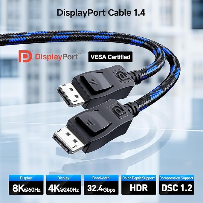 [VESA Certified] Cable Matters 9.8 ft 32.4Gbps Braided DisplayPort Cable 1.4, 8K 60Hz / 4K 240Hz DisplayPort 1.4 Cable with FreeSync, G-SYNC and HDR for Gaming Monitor, PC, RTX 4080/4090, RX 6800/6900