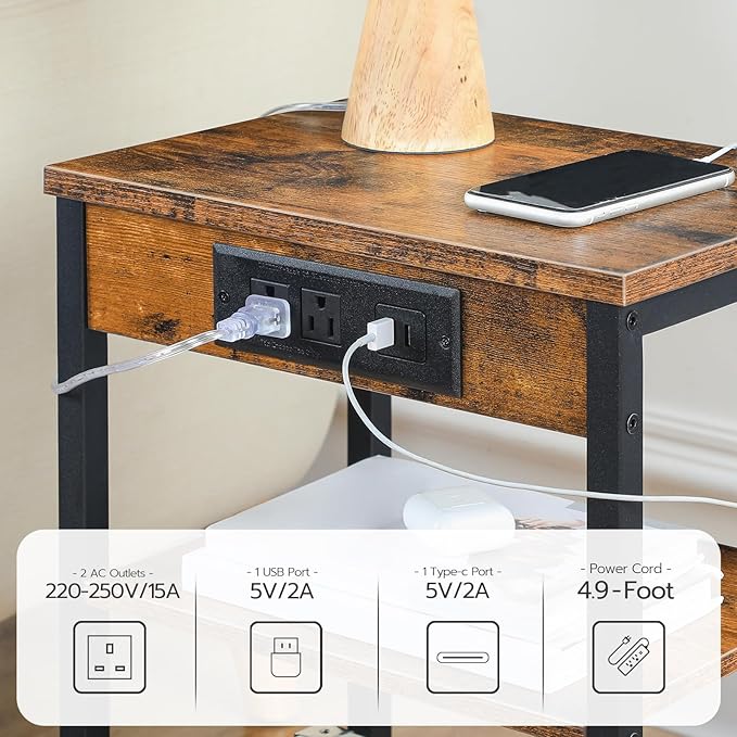 HOOBRO Side Table with Charging Station and USB Port, Small End Table for Small Space, 3-Tier Nightstand with Adjustable Shelf, for Living Room, Bedroom and Balcony, Rustic Brown BF112BZ01
