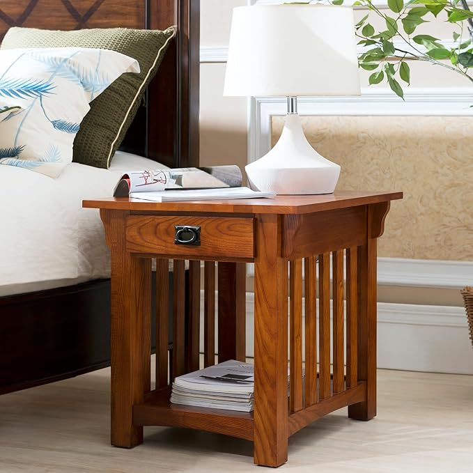 Leick Home Mission Impeccable End Table, Solid Wood Accent Table with Drawer & Shelf, Medium Oak Finish, Craftsman Style, 22 in L x 25 in D x 23 in H, 8207