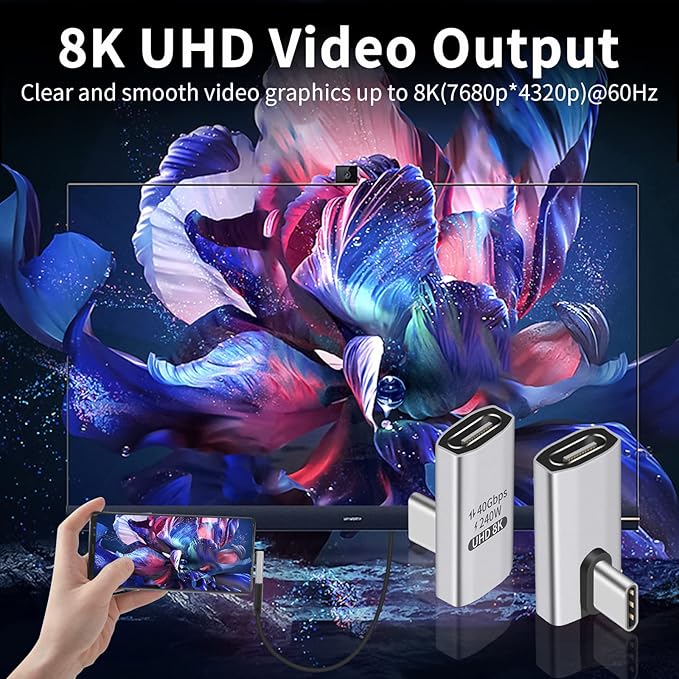 Duttek 90 Degree USB C Adapter, 240W Right Angle USB C Male to Female Adapter with 40Gbps, 8K@60Hz Video Display for Thunderbolt4/3, Laptop, Tablet, Phone