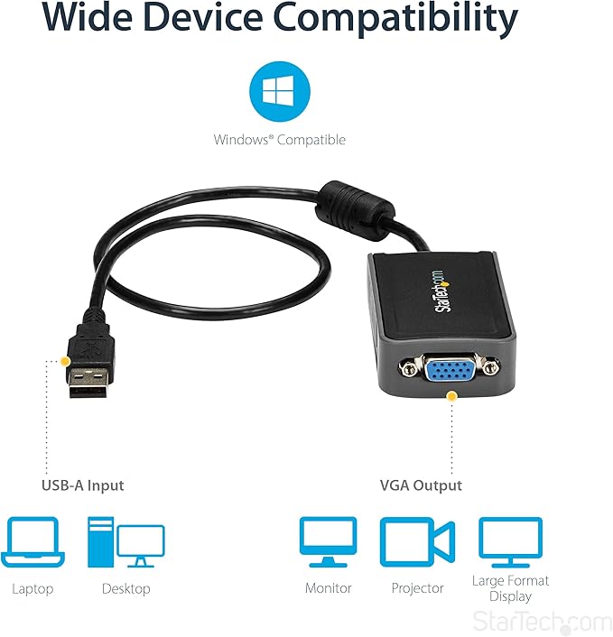 StarTech.com USB 2.0 to VGA Adapter, USB to VGA Monitor Converter for Windows, 1440x900 (no support for macOS/ChromeOS/Linux)