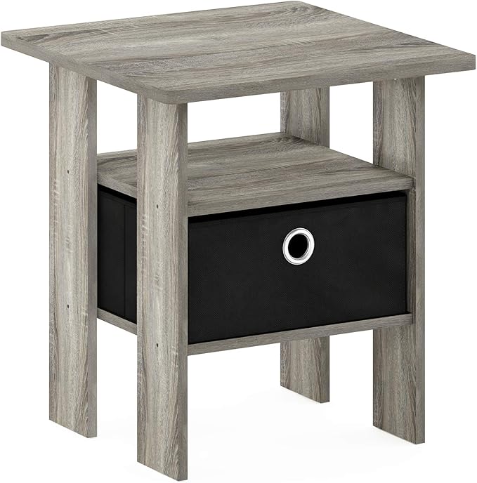 Furinno ANDREY Side Table, End Table, Night Stand with Open Shelves and Storage Bin, Bedside Table, for Living Room, Bedroom, French Oak