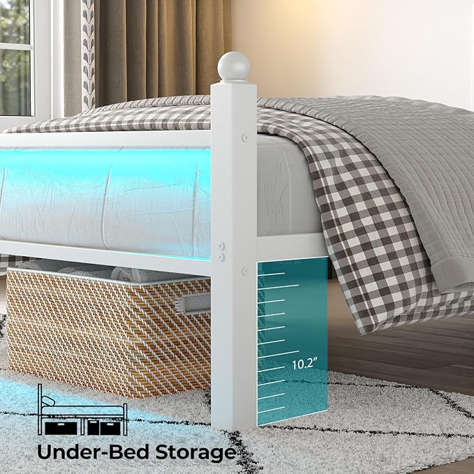 Twin Bed Frame with Headboard and Footboard, Metal Bed Frame with Charging Station and LED Lights, Under Bed Storage, No Box Spring Needed,Noise Free,White