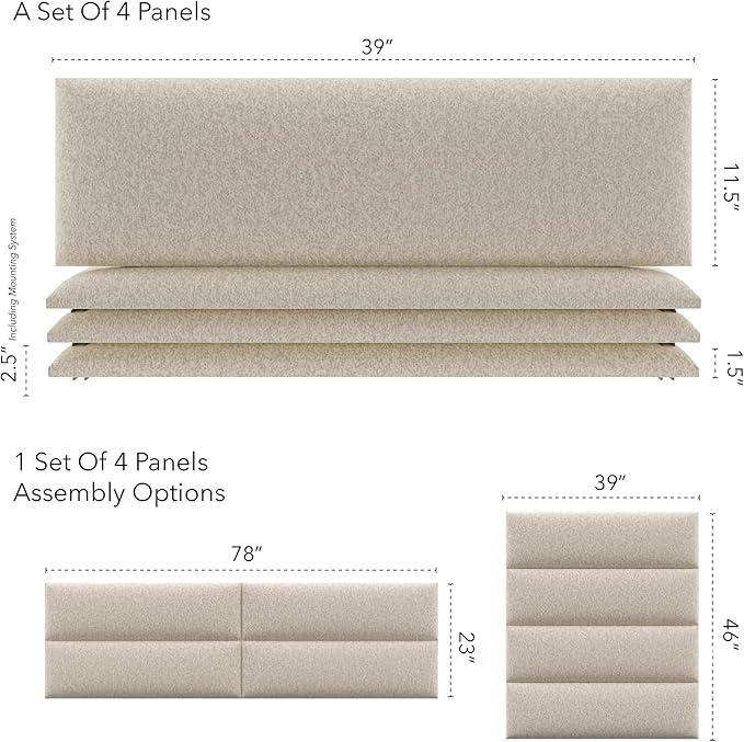Vänt Upholstered Wall Panels - King/Cal King Size Wall Mounted Headboards - Faux Merino Wool Cream - Twin/King - Set of 4 Panels (Each Individual Panel 39"x11.5")