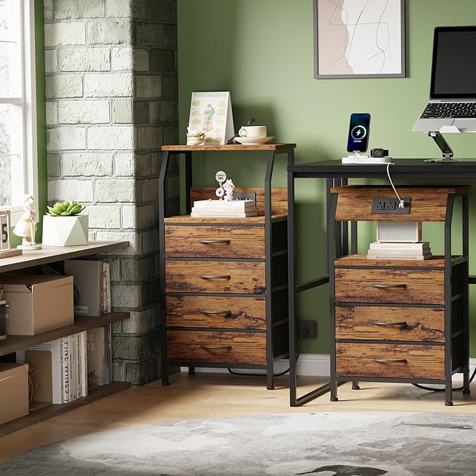 Furnulem Night Stand with Charging Station, Small Dresser with 4 Fabric Drawers, 33.3 Inch Tall Bedside Table, Storage Tower for Closet, Entryway, Bedroom Furniture, 3 Ways to Use, Rustic Brown