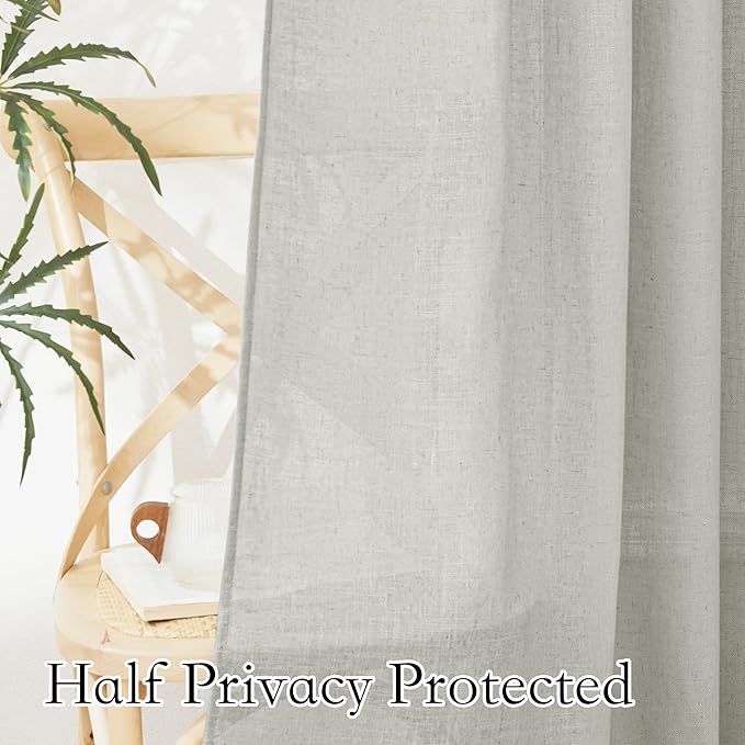 RYB HOME Linen Sheer Curtains 95 inches Long, Textured Privacy Semi Sheer Curtains 2 Hanging Options for Bedroom Office Living Room Patio Door Window Decor, Grey, W 52 x L 95, 2 Pcs