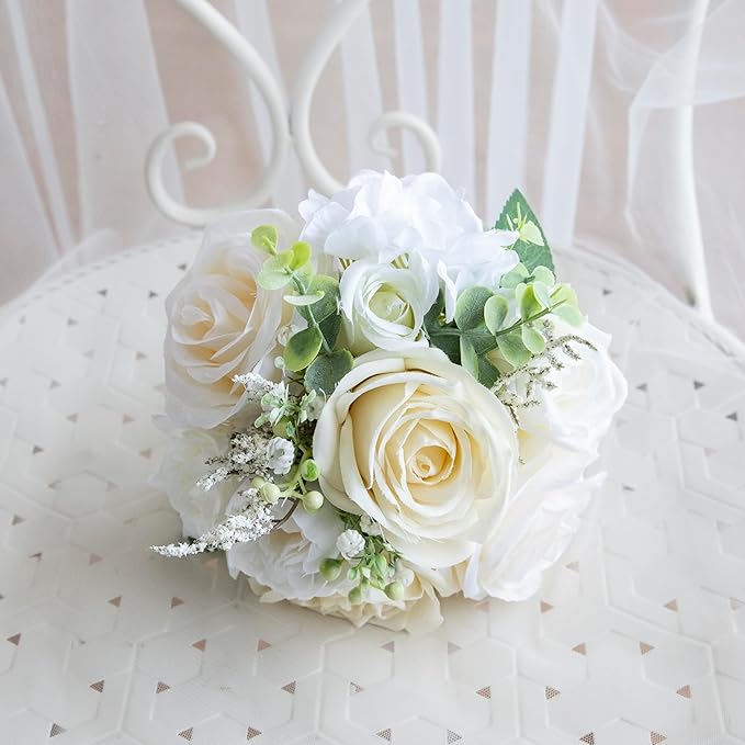 Wedding Bouquets for Bride Bridesmaid, Artificial White Champagne Bride Flower Bouquet for Wedding Church Decoration Ceremony, Anniversary, White Roses Flowers