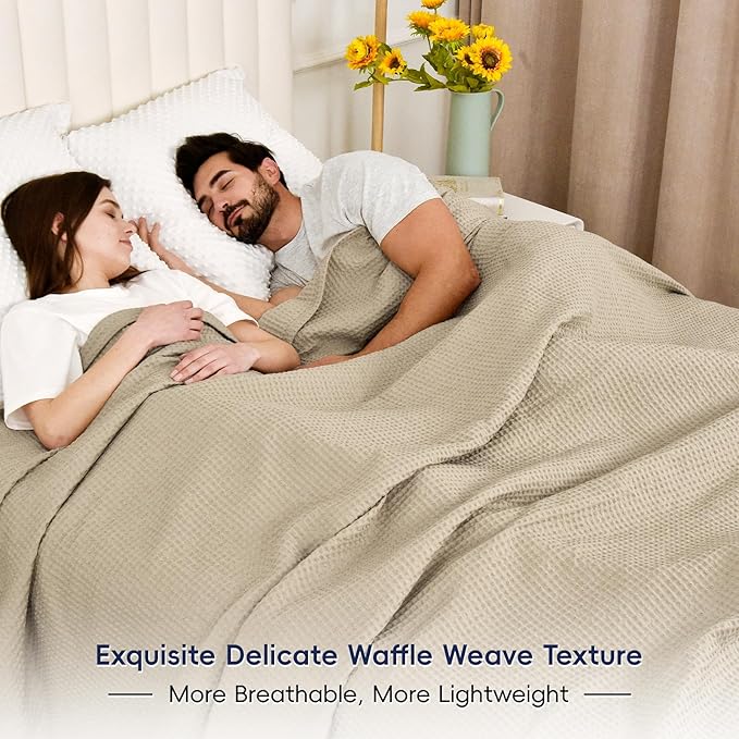 PHF 100% Cotton Waffle Weave Family Blanket,Oversized King Size 120"x 120"-Pre-Washed Snag Proof Lightweight Breathable Moisture-Wicking, 10'x 10' Huge Extra Large Big,Home Decor-Khaki/Simply Taupe