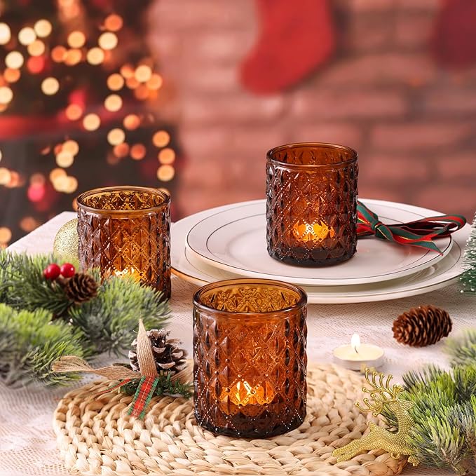 12Pcs Large Votive Candle Holders 2.8 * 3.2in Amber Tea Light Candle Holders Glass Candle Holder for Wedding Table Centerpiece, Home Decor, Birdal Shower, Party, Fall Decor
