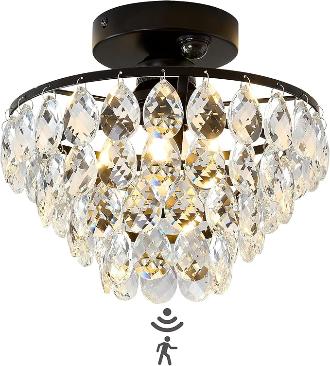 YYJLX Indoor Motion Sensor Ceiling Light Fixture Modern Cryatal Semi Flush Mount Ceiling Light Black Ovrehead Light Fixture for Porch Hallway Front Entryway Kitchen Hall Garage.