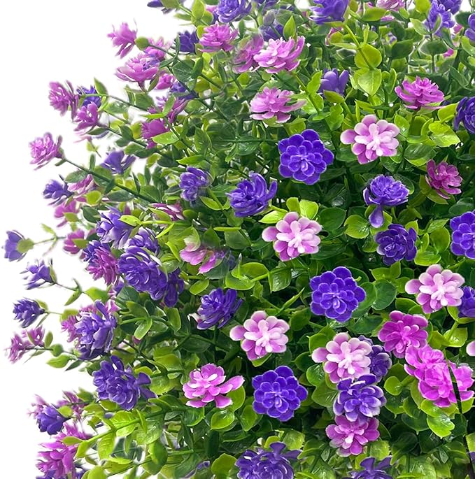 2 Pack Artificial Topiary Ball Trees Boxwood Shrubs with Spikes, UV Resistant Fake Flowers Bushes for Outdoor, Look Real Faux Plants for Porch Pathway Garden Yard Patio Halloween Decor -Purple
