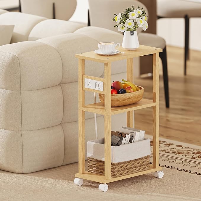 TUTOTAK Small Narrow Side Table with Charging Station, Skinny End Table for Small Spaces, Slim Nightstand with USB Ports and Outlet, Sofa Beside Table with Wheels, Natural TB01BN047