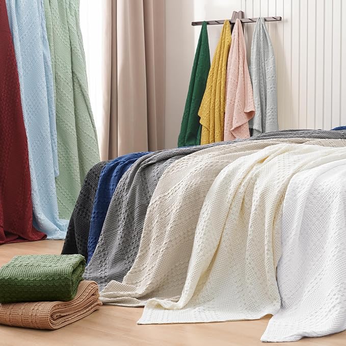 PHF 100% Cotton Waffle Weave Blanket Queen Size for Bed, Soft Lightweight & Breathable, All-Season Comfort, Luxury Aesthetic Woven Bedding for Home Decor, 90"x90", Blue Sapphire