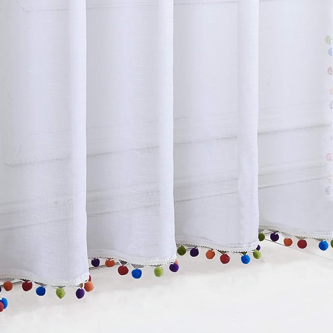 Treatmentex Sheer White Curtains with Multi-Color Pom-Pom Sheer Curtains for Toddler 84" Long Linen Textured Decorative Nursery Room Window Drapes 52" w 1Pair
