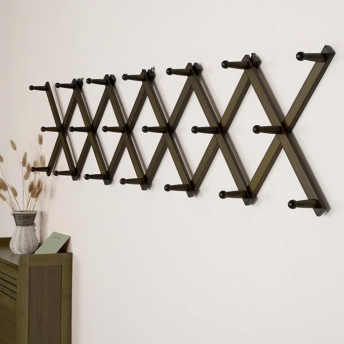 SKOLOO Hat Rack for Wall with 20 Hooks, Solid Wooden, Modern, Expandable Coat Rack Wall Mount for Coats, Hats, Bags, Baseball Caps, Dark Walnut Color