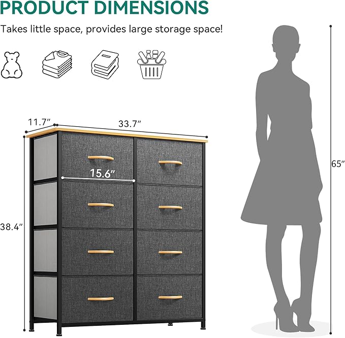 YITAHOME Dresser with 8 Drawers - Fabric Storage Tower, Organizer Unit for Bedroom, Living Room, Hallway, Closets - Sturdy Steel Frame, Wooden Top & Easy Pull Fabric Bins