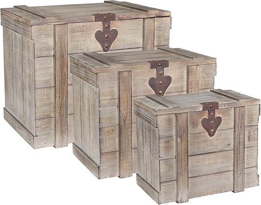 Household Essentials Antiqued Decorative Trunk, 3 Piece Set, Small, Medium and Large, Chinese Fir Panel and MDF, Smooth Backing and Metal Hinge Accent, Flat Top and Stay-Open Lid