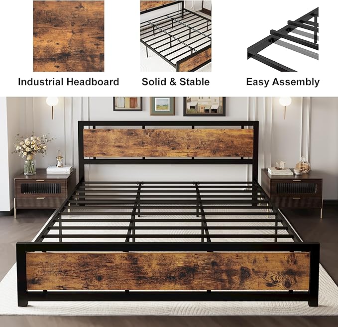 LIKIMIO King Bed Frame with Headboard and Footboard, Metal Strong Supports, Easy Assembly, Noise-Free, No Box Spring Needed, Vintage Brown
