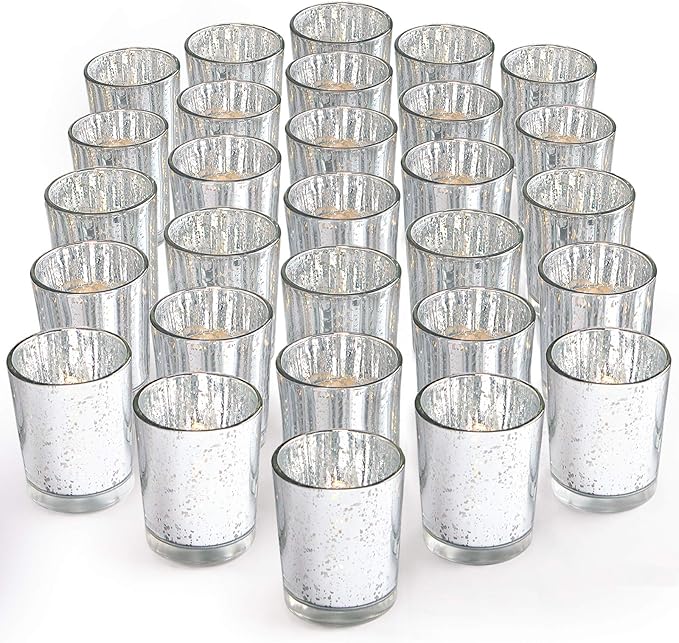 LETINE Silver Votive Candle Holders Set of 36 - Speckled Mercury Silver Glass Candle Holder Bulk - Ideal for Halloween & Thanksgiving Decorations Indoor，Wedding Centerpieces，Home Decor