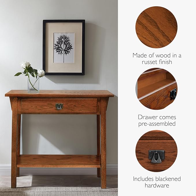Leick Home Mission Console Table, Solid Wood, 1 Storage Drawer, Bottom Display Shelf, Narrow Depth, Easy-Assembly, For Living Room/Hallway, Russet, 30 in L x 10 in W x 28 in H, 9057-RS
