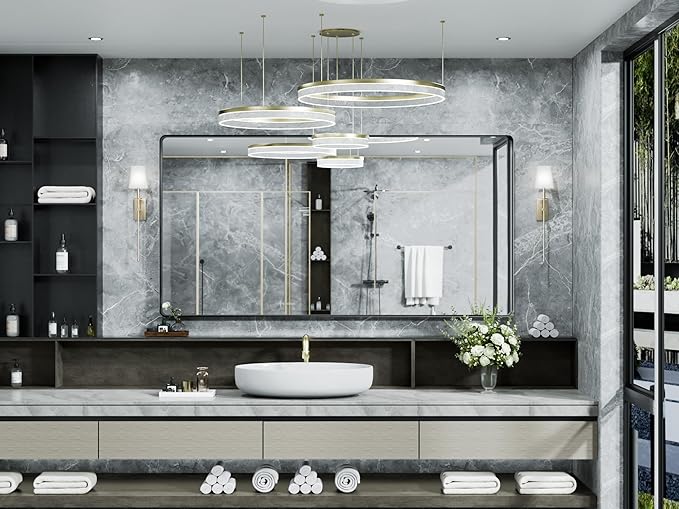 Hasipu Black Bathroom Over Sink Mirror 41x21 Inch Rounded Rectangle Vanity Mirror Metal Framed Wall Mirrors Anti-Rust Surface Mount (Hangs Horizontal or Vertical)