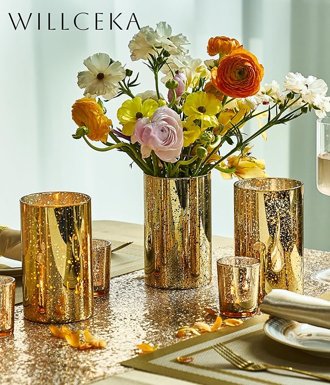 Gold Cylinder Vases for Centerpieces, Modern Glass Vase Set of 12 Decorative Hurricane Candle Holder for Pillar Candle Holders Flowers for Table Centerpiece