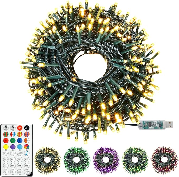 Christmas String Lights 150 LED, APP adjusts brightness change speed, with remote adjustable RGB decorative lights, used for decorations Christmas Trees, Patios, Weddings, Parties，holiday decorations