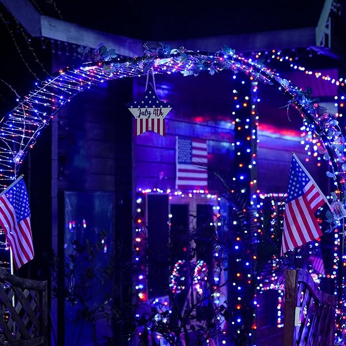 JMEXSUSS 4 Pack 50LED Red White Blue Fairy Lights Battery Operated for 4th of July, Patriotic Lights for Independence Day Decorations