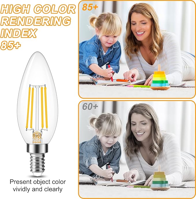 Cotanic E12 LED Bulb Dimmable 3000K Soft White, LED Candelabra Bulbs 60Watt Equivalent, Small Base Type B Light Bulbs, Candle Shape Chandelier Light Bulbs Clear Glass, 600LM, 10 Pack
