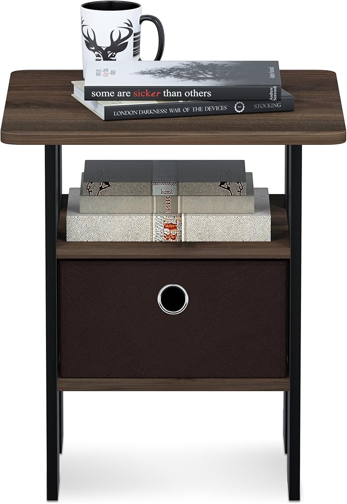Furinno ANDREY Side Table, End Table, Night Stand with Open Shelves and Storage Bin, Bedside Table, for Living Room, Bedroom, Columbia Walnut