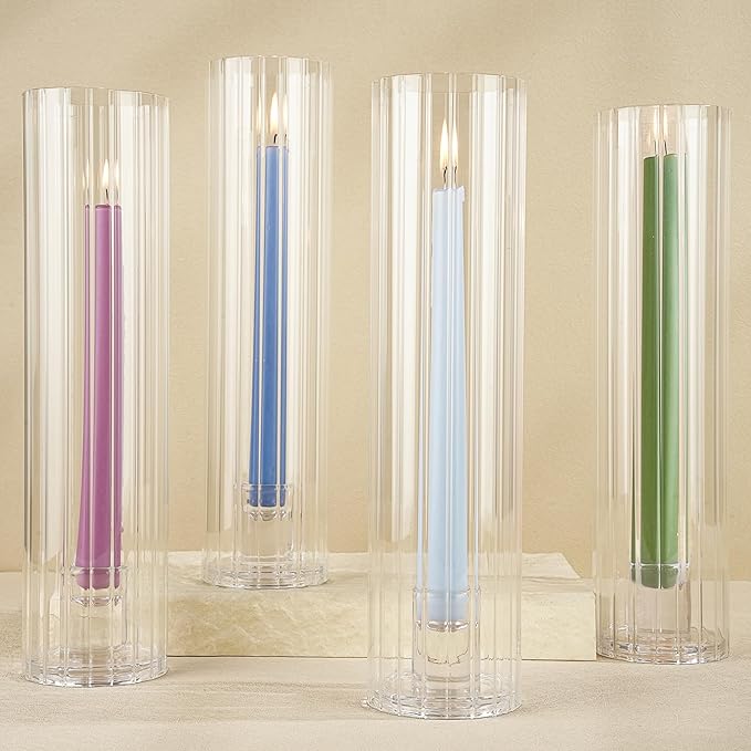 Hurricane Candle Holder Thickened Ribbed Cylinder Covers Taper Candle Sticks Holder Glass Tall Candlesticks Holders Centerpiece for Wedding Dining Table, 4 Pcs